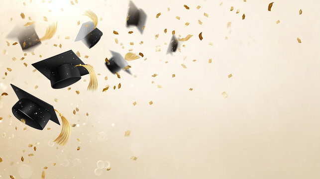 Floating graduation caps with golden tassels amid gold-silver confetti, minimalist cream-beige background and soft lighting for celebratory academic designs, editorial space for text overlay.