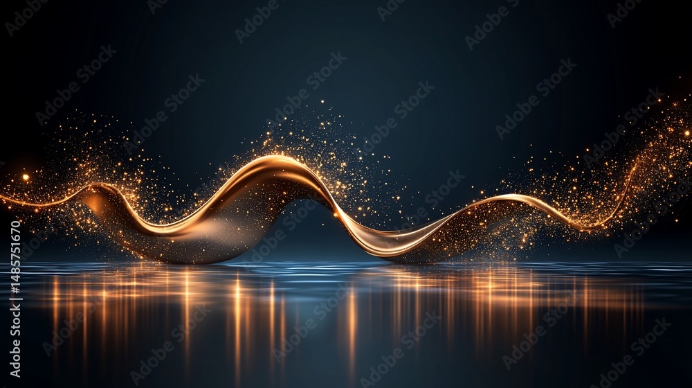 Poster golden ribbon flows above reflective surface with sparkling particles, dark background