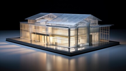 A glass atrium commercial building model with visible framing and translucent roofing, spotlighted on a gray background.