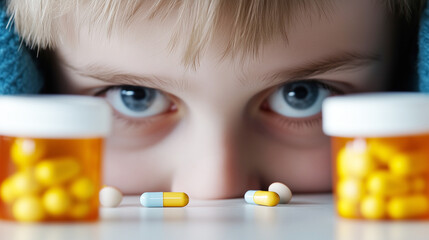 Boy child suffering from ADHD or other medical disorder staring at medicine bottles and pills on table