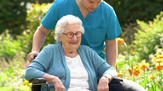Caretaker in Teal Scrubs Assists Smiling Elderly Woman in Wheelchair among Sunlit Garden with Vibrant Flowers and Lush Greenery