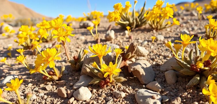 Golden desert blooms of Moapa bladderpod (Physaria tenella) at Gold Butte National Monument, Nevada, flora, conservation