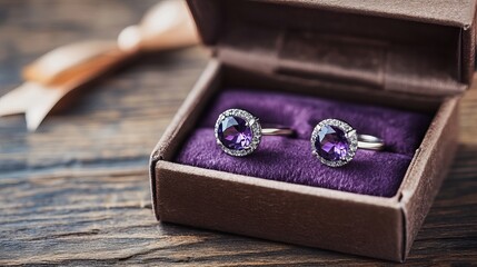 Silver ring and earrings with amethyst in the gift box on wooden background 