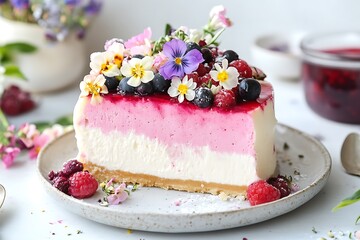 &bull;  Tall slice of rich cheesecake topped with edible flowers and berry coulis