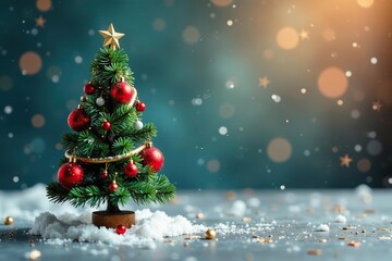 Miniature Christmas tree adorned with colorful baubles, festive and whimsical , red, cone tree