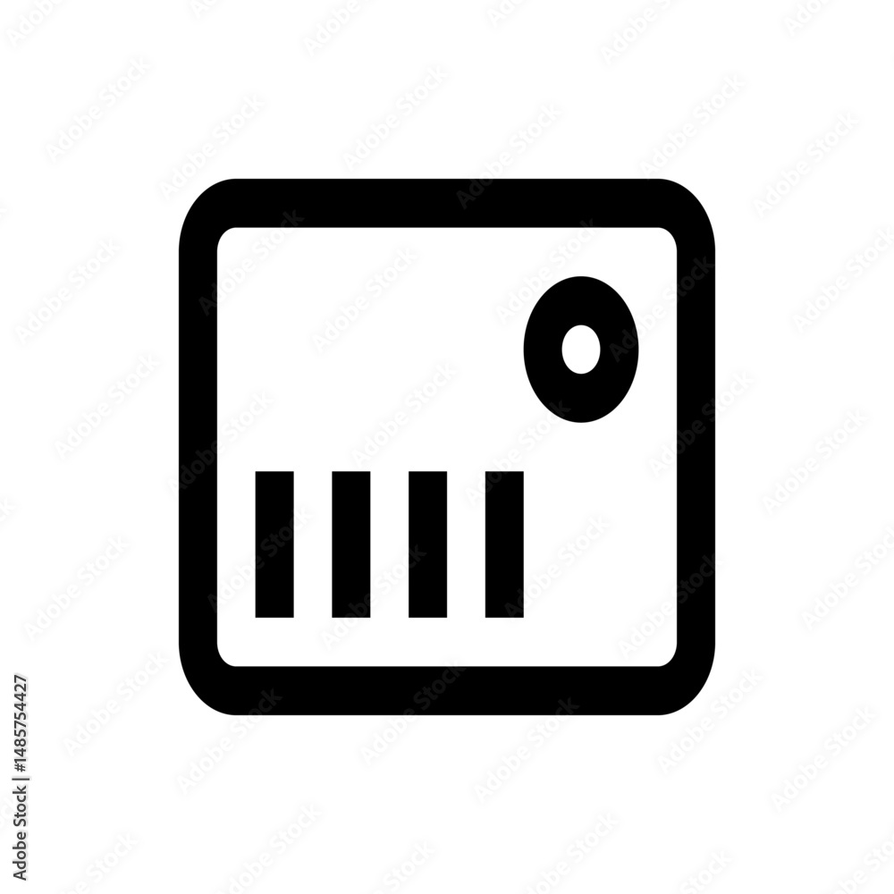 Poster illustration of a rectangular device with rounded corners featuring vertical bars and a circular ele