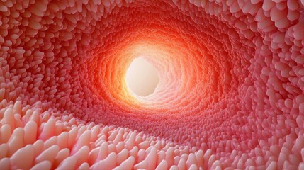 Close-up view inside a tunnel-like structure covered with pink and red finger-like projections illuminated by soft glowing light at the center, evoking warmth and curiosity