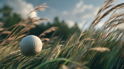 Serene Golf Ball in Tall Grass: Hyperrealistic Nature Scene with Blurred Forest Background Focus