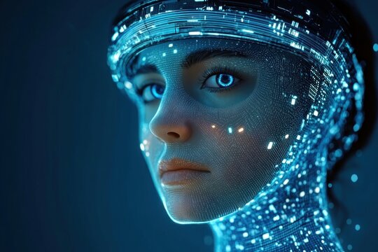 Close-up portrait of a futuristic cyborg woman with glowing blue digital patterns on her face and headgear, expressing calm and focus in a dark environment