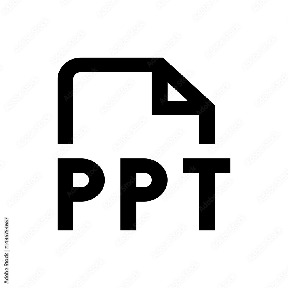 Poster black and white icon representing a ppt file format with a stylized document shape and bold ppt text