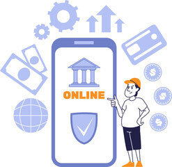 Online Banking and Mobile Finance Concept with Cartoon Character and Smartphone Interface