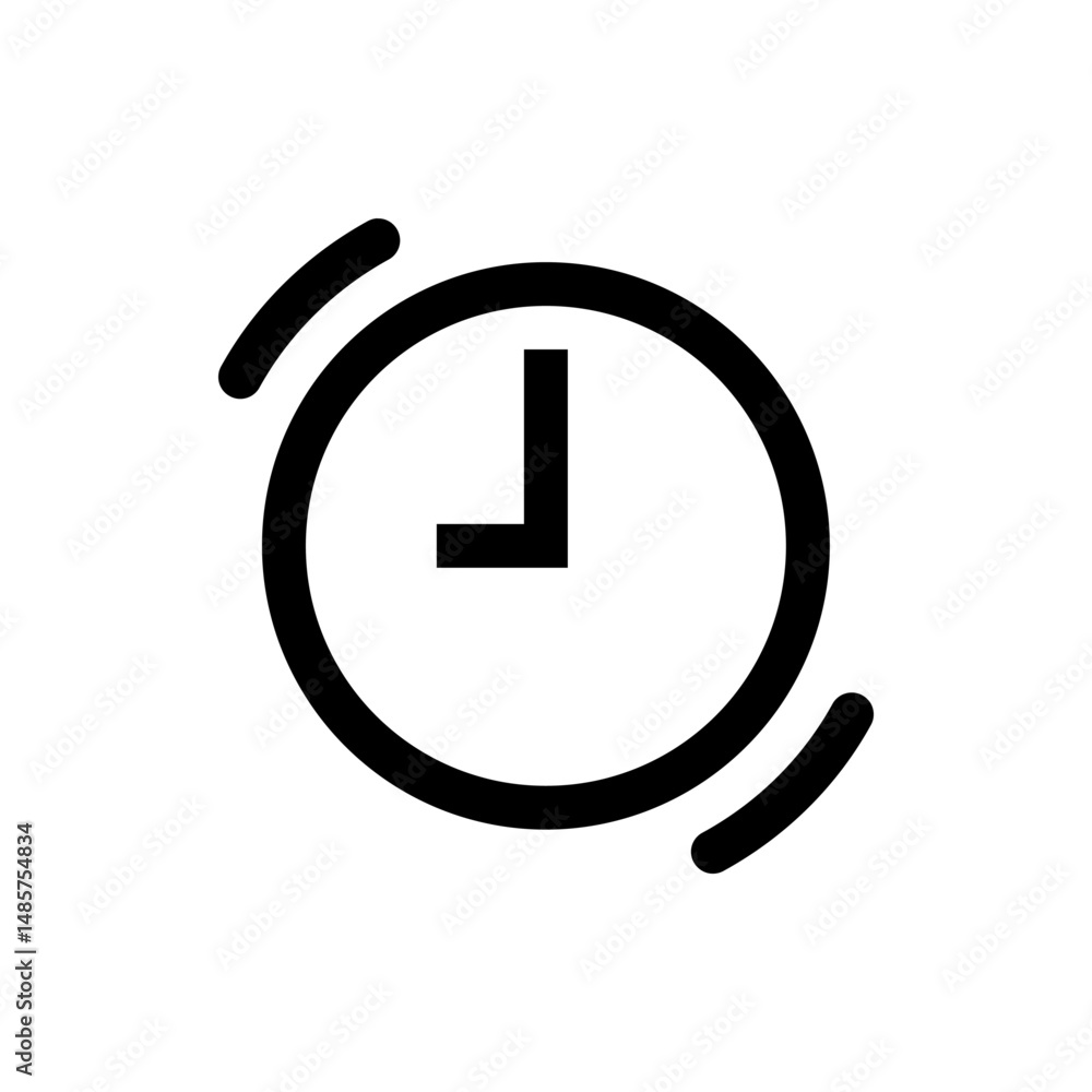 Poster illustration of a simple black clock with short hand pointing to nine and curved lines around it sho