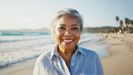 A mature Latina woman with gray hair smiles warmly at the beach under bright sunlight. Concept of happiness, healthy aging, and coastal lifestyle. - Powered by Adobe