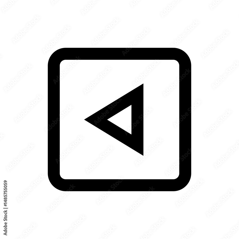 Poster black outlined square containing a left pointing triangle shape on a white background in simple styl