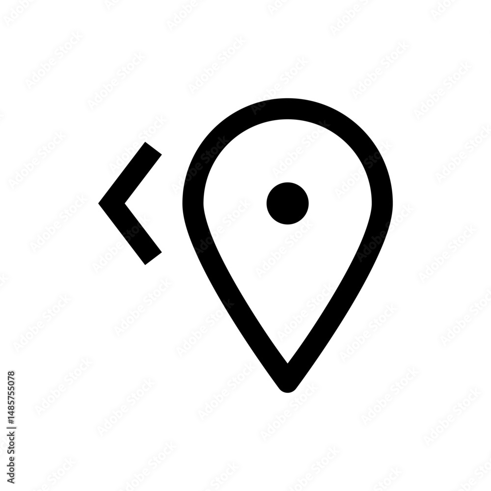 Poster a simple black and white icon featuring a location pin with a left arrow indicating directionality, 