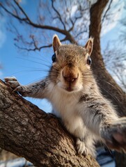 Obraz premium Close-up of a curious squirrel reaching out on a tree branch against a bright blue sky