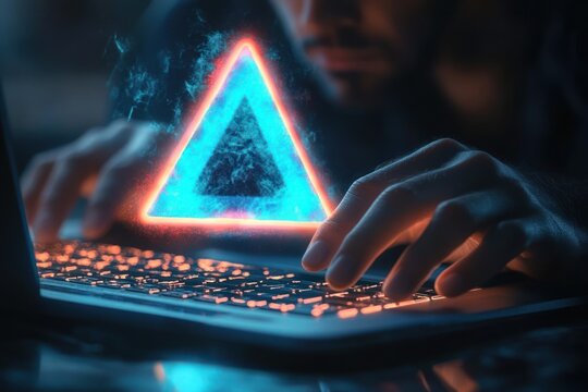 Person typing on a laptop keyboard with a glowing translucent triangular hologram projecting above the keys emitting blue and orange light, evoking a futuristic and intense atmosphere - Powered by Adobe