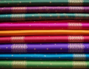 A stack of neatly folded traditional Thai silk saris in vibrant colors