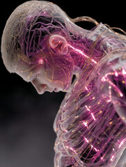 Synthetic Pulse: A Hyper-Realistic Full-Body Portrait of a Humanoid Cyborg with Translucent Elastic Skin, Wired Veins, and Futuristic Anatomy Illuminated Against a Stark Black Backdrop