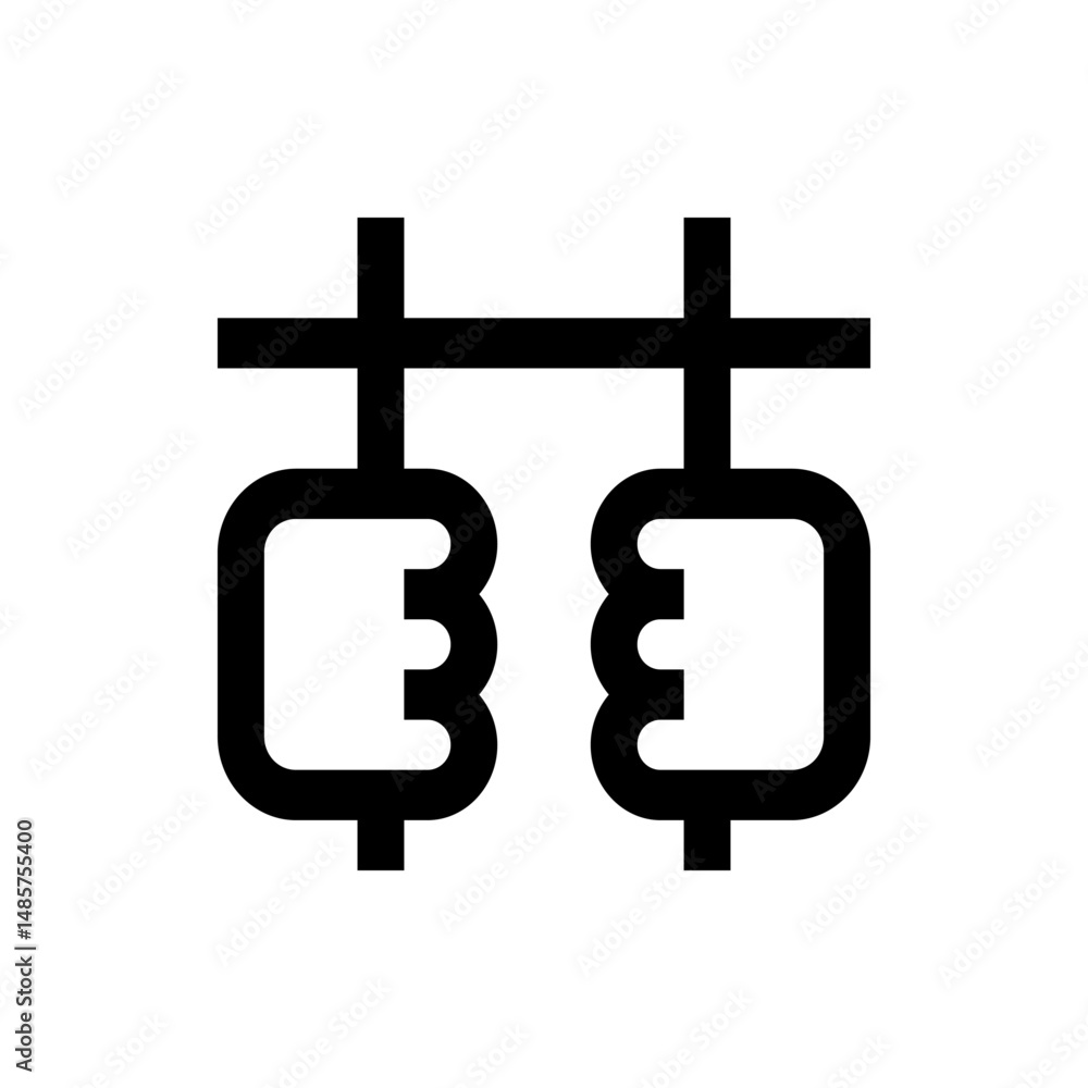 Poster illustration of a stylized bridge with two square shaped structures hanging from the horizontal beam
