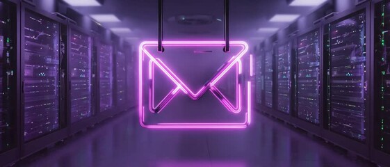 A glowing neon email icon hovers in the center of a futuristic data center lined with servers. Concept of digital communication, connectivity, and technology infrastructure. - Powered by Adobe