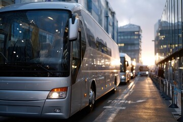 A sleek silver bus parked at a modern transportation hub at dusk, illustrating the blend of industrial design and urban mobility in a vibrant, lively city setting.