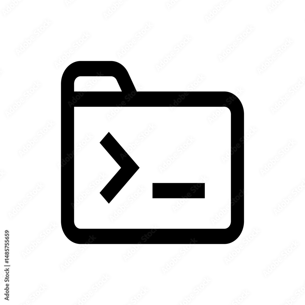 Poster illustration of a folder icon with a command prompt symbol inside, rendered in a simple black outlin