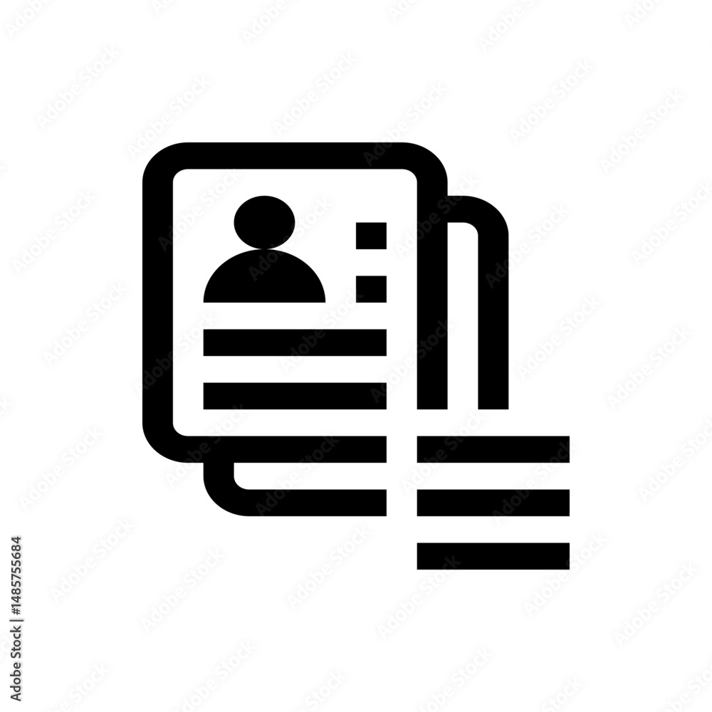 Poster illustration of a stack of documents with a profile icon and text lines in a bold black outline styl