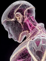Synthetic Pulse: A Hyper-Realistic Full-Body Portrait of a Humanoid Cyborg with Translucent Elastic Skin, Wired Veins, and Futuristic Anatomy Illuminated Against a Stark Black Backdrop