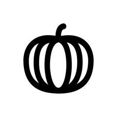 A simple black and white drawing of a pumpkin with vertical lines and a curved stem on a white background