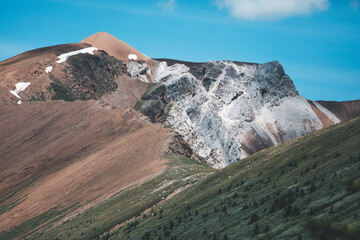 view of opal hills in canada national park near maligne lake on a sunny summer day