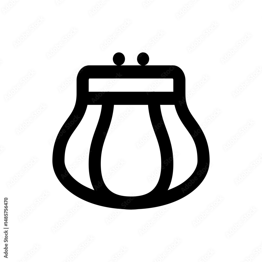 Poster illustration of a simple black coin purse with a clasp and rounded edges on a white background desig