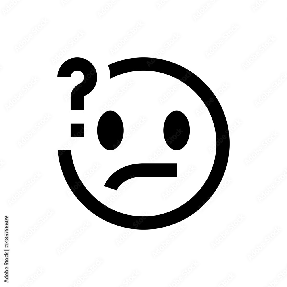 Poster black and white drawing of a confused face with a question mark above it and a sad mouth expression 