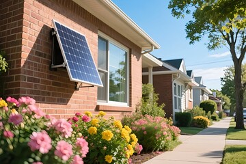 Solar panel installed on a brick house exterior in residential neighborhood demonstrating renewable energy