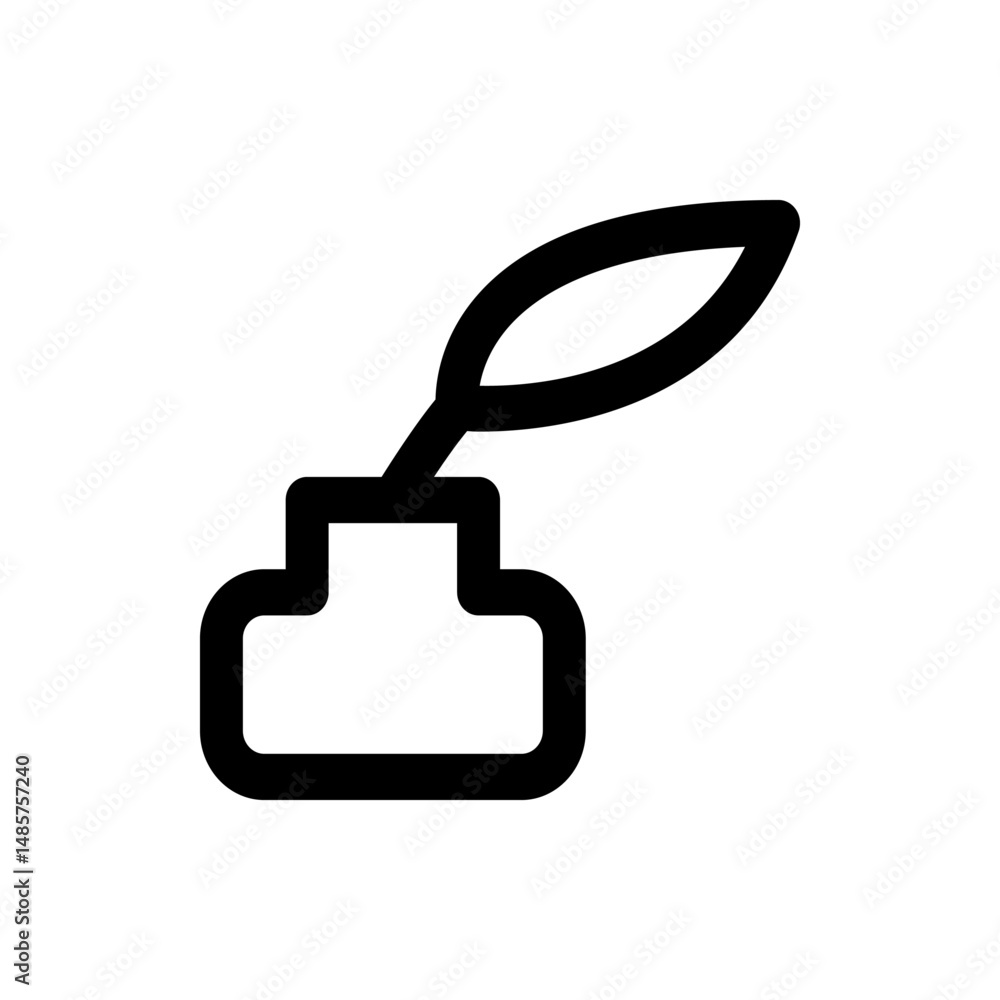 Poster illustration of an inkwell with a feather pen resting inside in a simple line drawing style design