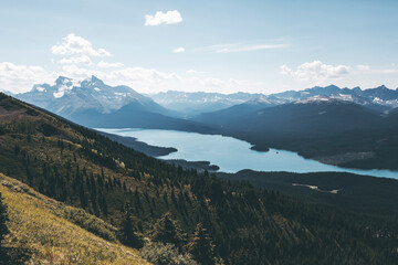 Panorama of maligne lake in canada with blue sky on a warm summer day
