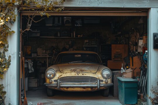 Vintage Car in Rustic Garage