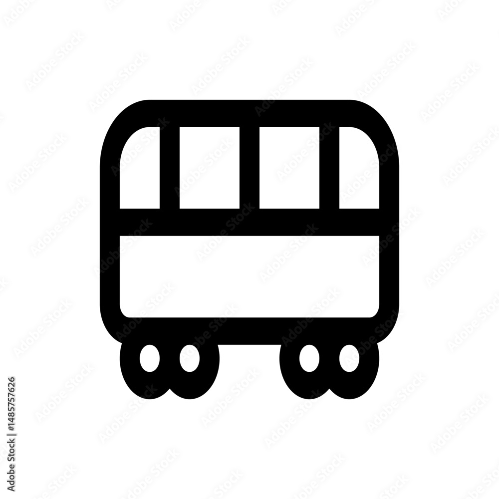 Poster illustration of a simple black line art bus with windows and wheels on a white background design ico