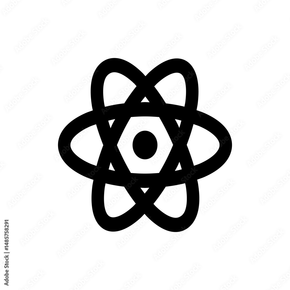 Poster illustration of a stylized atom with a central hexagon and orbiting shapes in a simple black design 