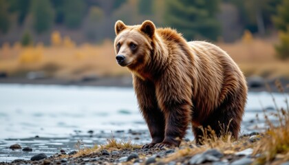 Obraz premium majestic bear captured in a standing pose in a riverbank setting, in a dramatic wildlife photography style, with muted earth tones, overcast light, high resolution