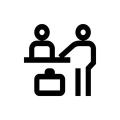 Fototapeta premium Illustration of two stick figures interacting at a counter with a suitcase beneath it in black and white