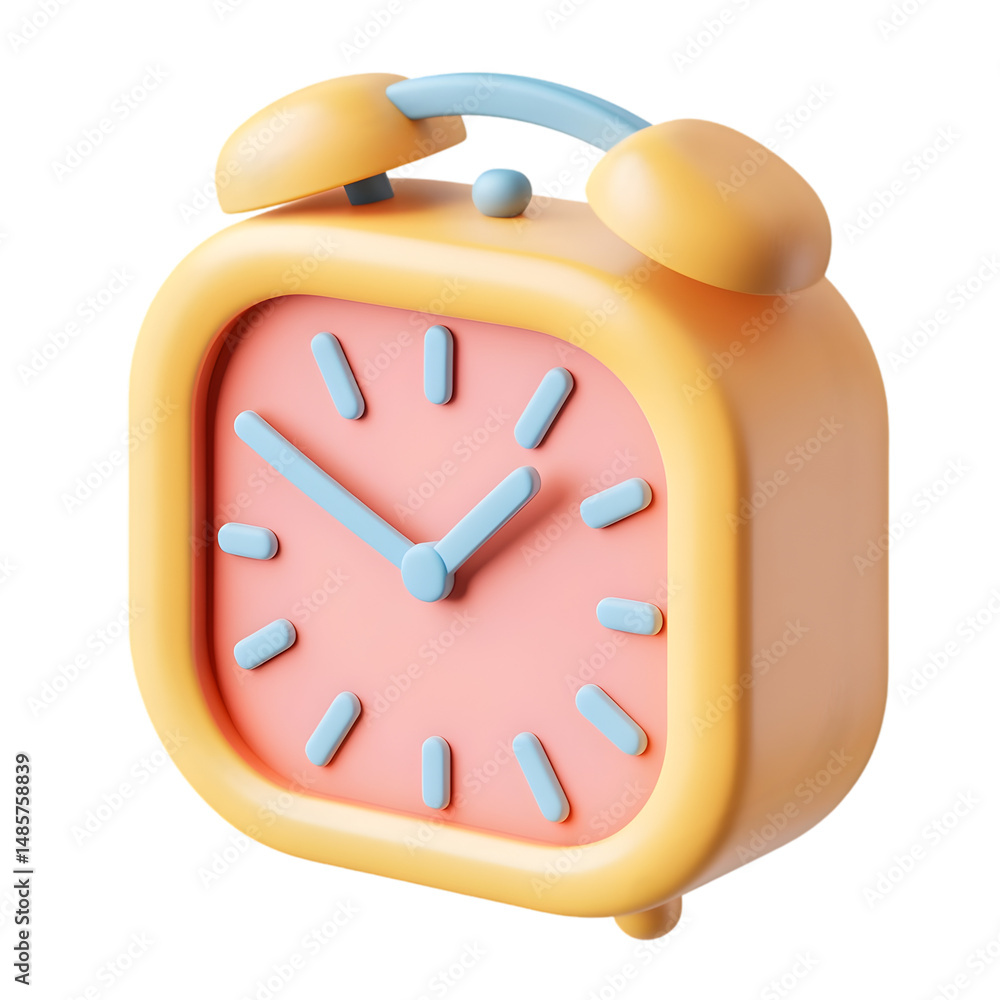 Poster 3d rendering of a cheerful, square-shaped alarm clock, featuring pastel colors and a simple design.