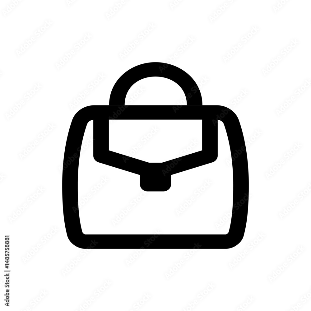 Poster illustration of a simple black outline of a handbag with a flap and handle on a white background vie