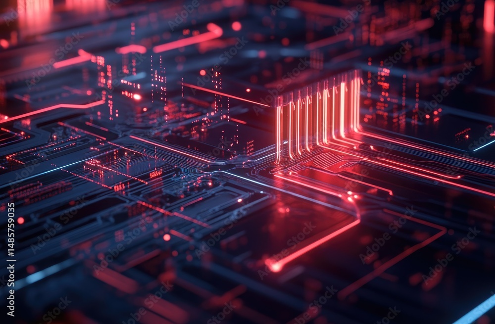 Poster intricate circuit board with glowing red lines. complex network of conductive pathways. detailed clo