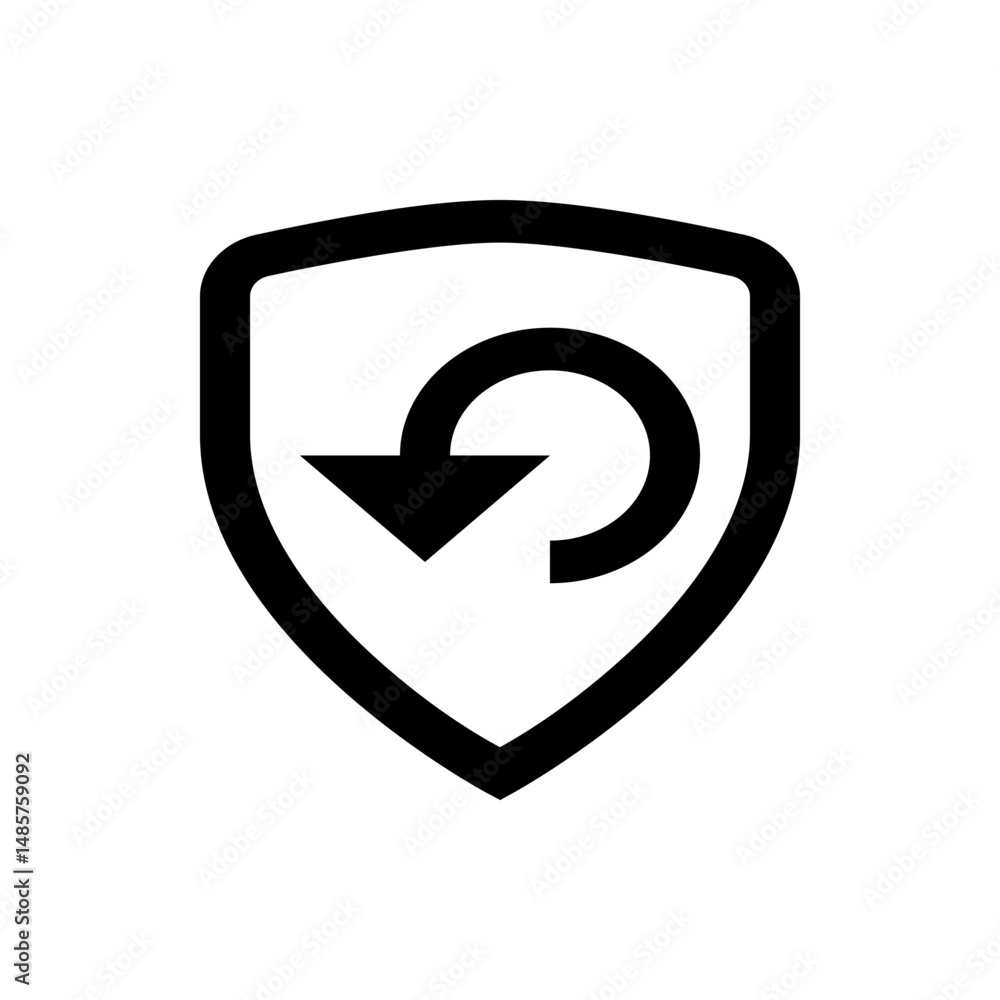 Poster black shield outline containing a circular arrow pointing downwards representing protection and secu
