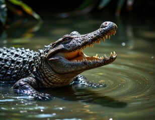 Fototapeta premium majestic crocodile captured in a lunging pose in a murky swamp, in a dramatic wildlife photography style, with dark green tones, shadowy light, high resolution