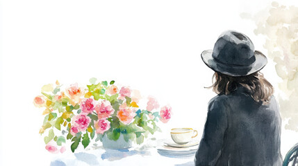 A serene watercolor scene of a figure in a hat, enjoying tea beside a vibrant bouquet of roses.