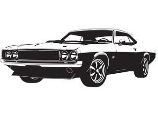 Classic muscle car on white background. Vintage classic muscle car silhouette. Vintage car. Vector illustration. 