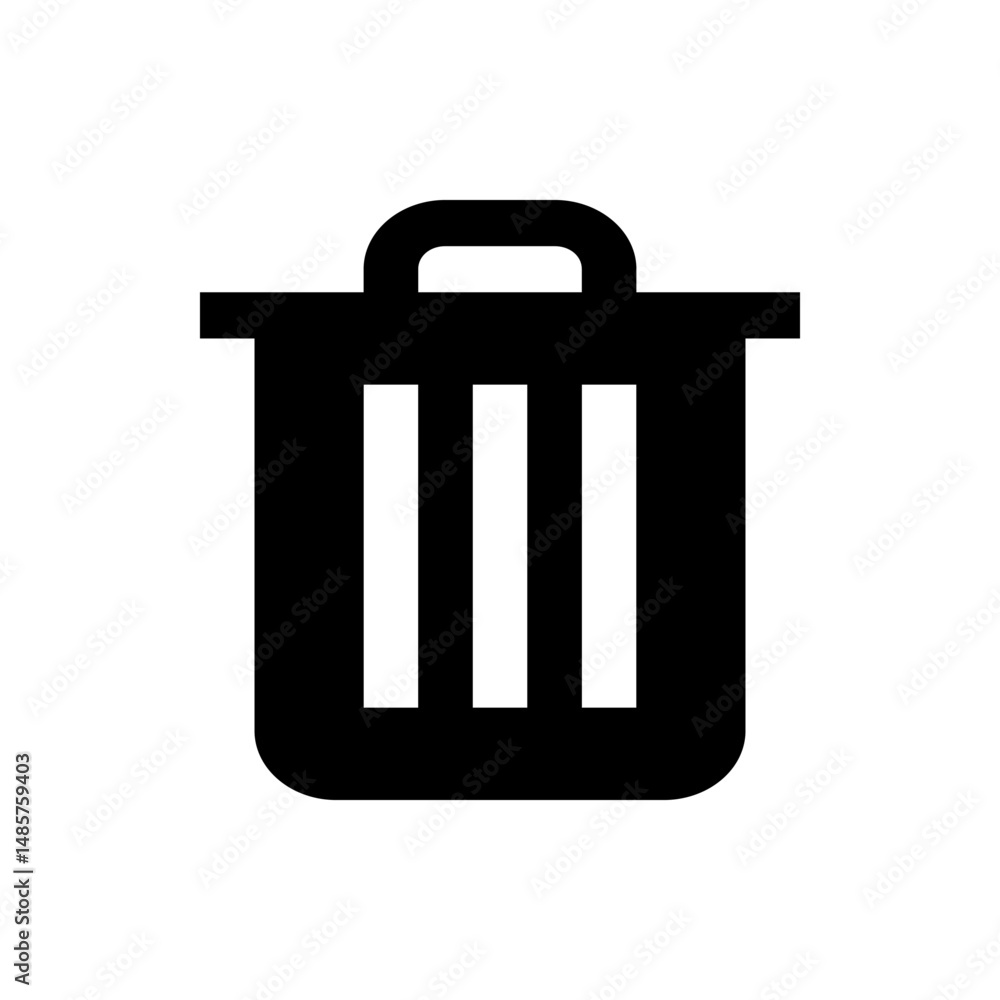 Poster illustration of a black trash can with a handle and three white vertical lines on a white background