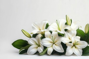 Fototapeta premium Bouquet of fresh white lilies with green leaves on a plain light background conveying purity and elegance